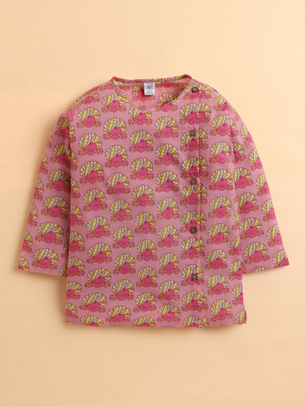 Polka Tots Full Sleeve Turban Print Angrakha Top With Dhoti - Pink