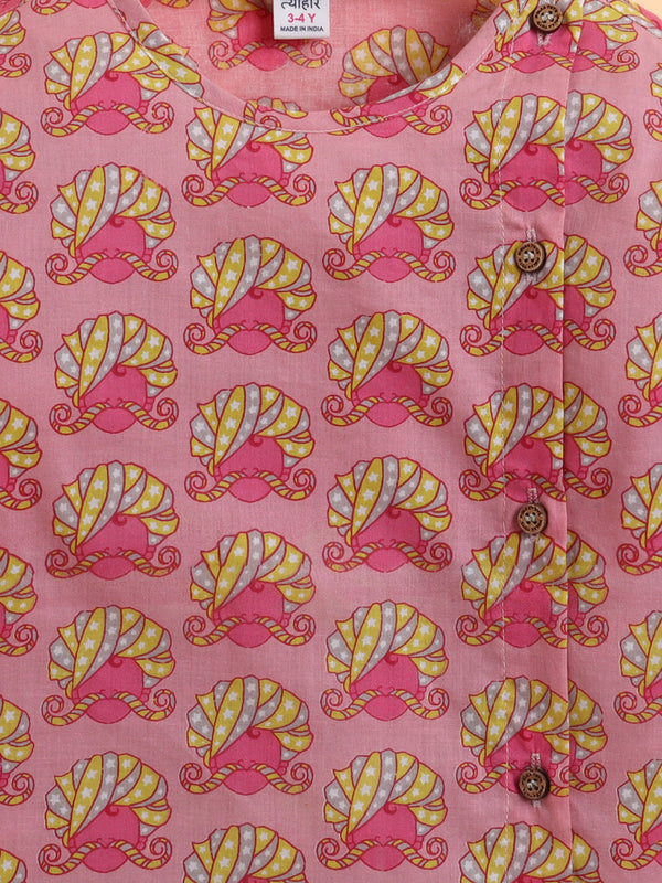 Polka Tots Full Sleeve Turban Print Angrakha Top With Dhoti - Pink