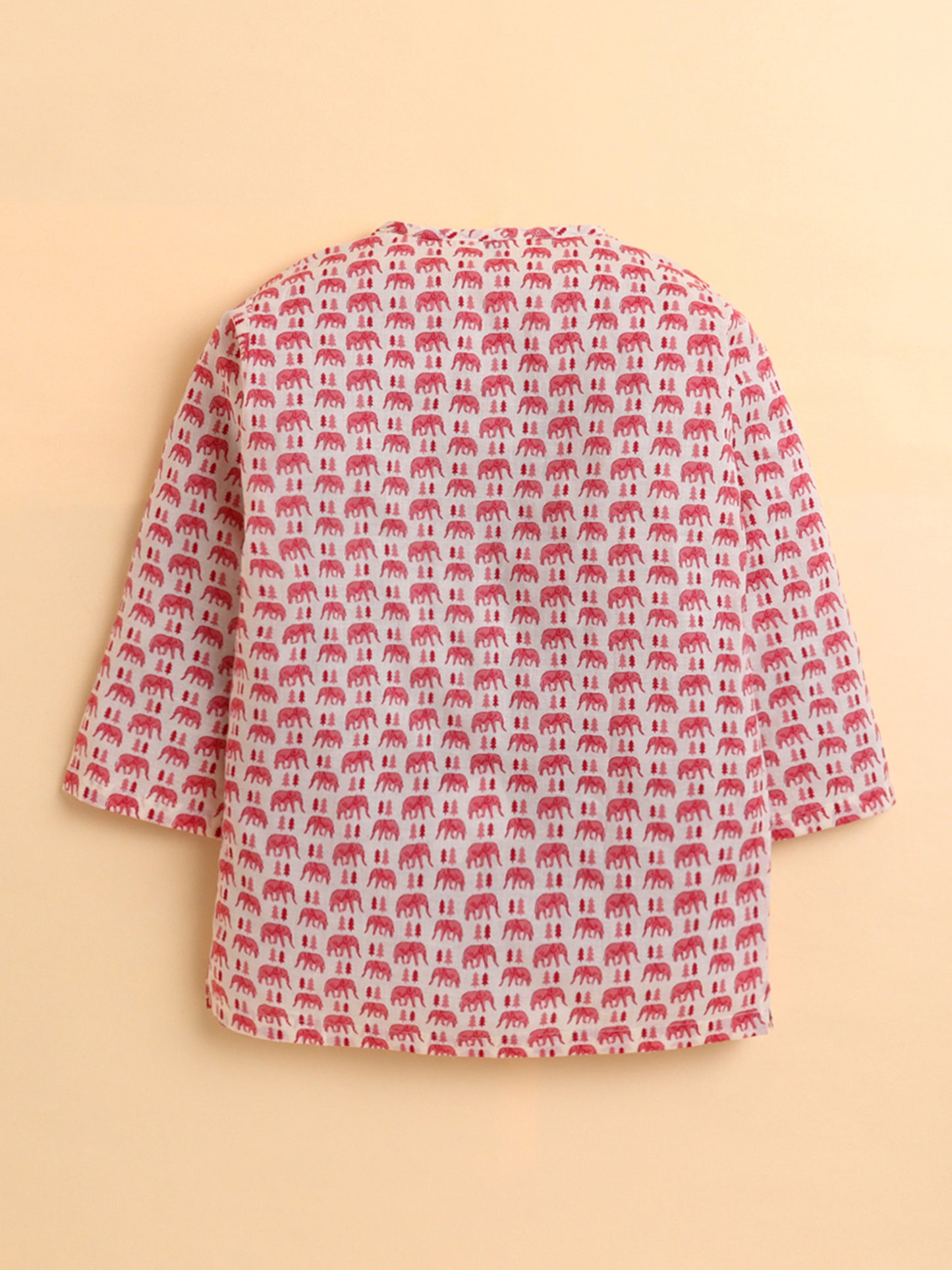 Polka Tots Cotton Full Sleeve Elephant Tree Print Angrakha Top With Dhoti - Pink