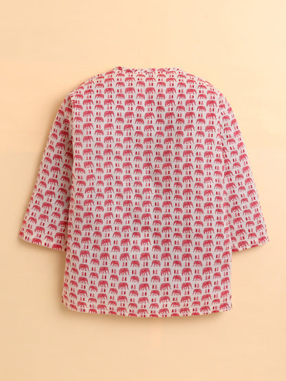 Polka Tots Cotton Full Sleeve Elephant Tree Print Angrakha Top With Dhoti - Pink