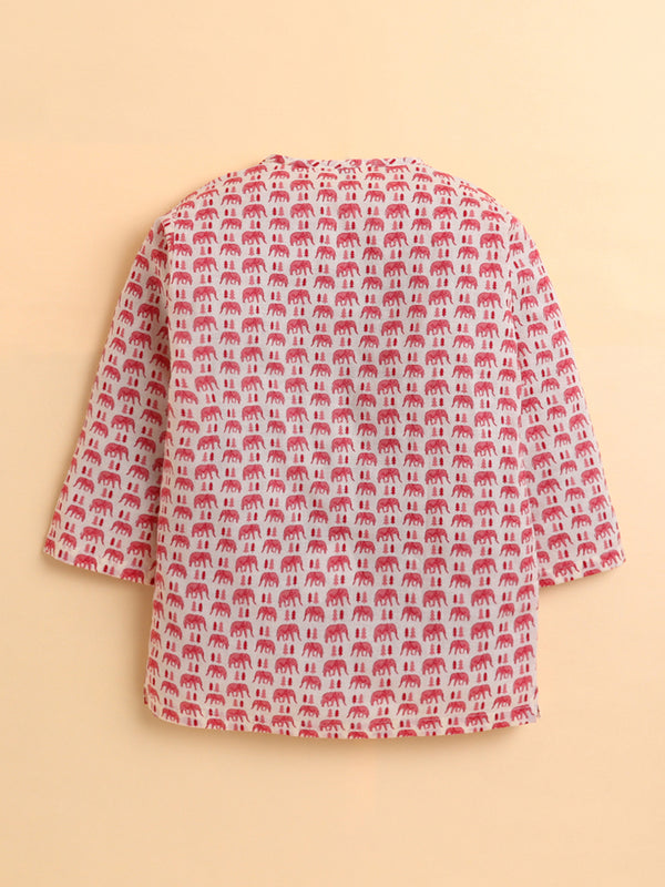 Polka Tots Cotton Full Sleeve Elephant Tree Print Angrakha Top With Dhoti - Pink