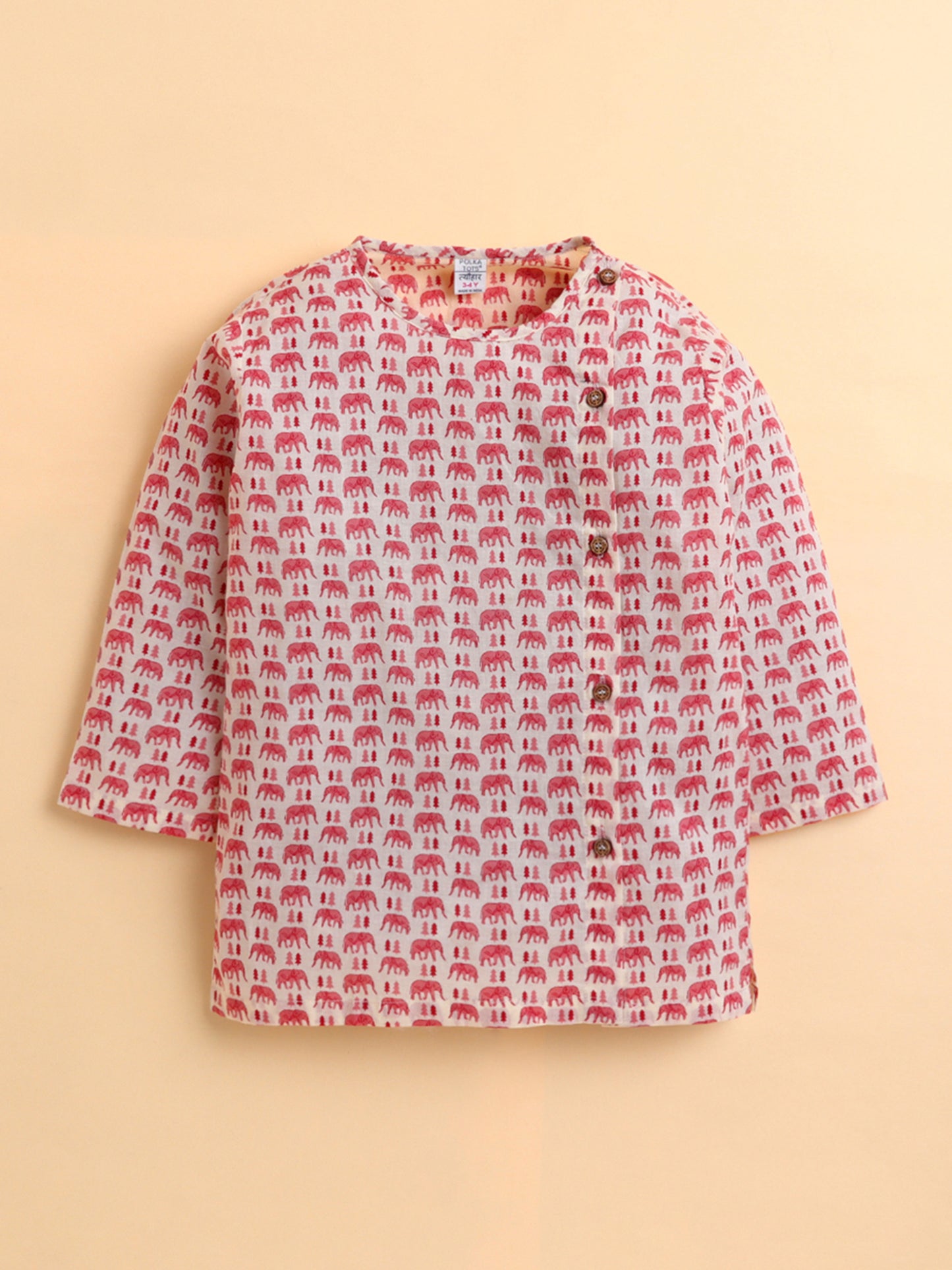 Polka Tots Cotton Full Sleeve Elephant Tree Print Angrakha Top With Dhoti - Pink