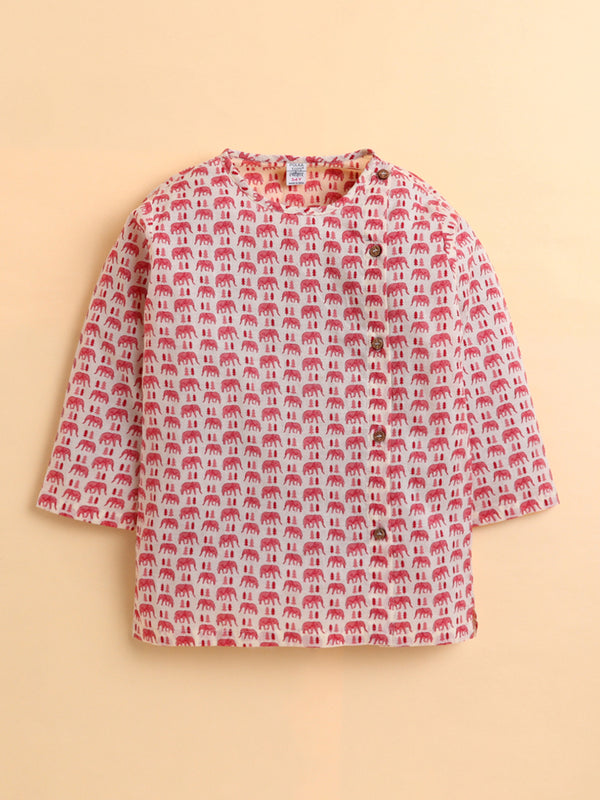 Polka Tots Cotton Full Sleeve Elephant Tree Print Angrakha Top With Dhoti - Pink