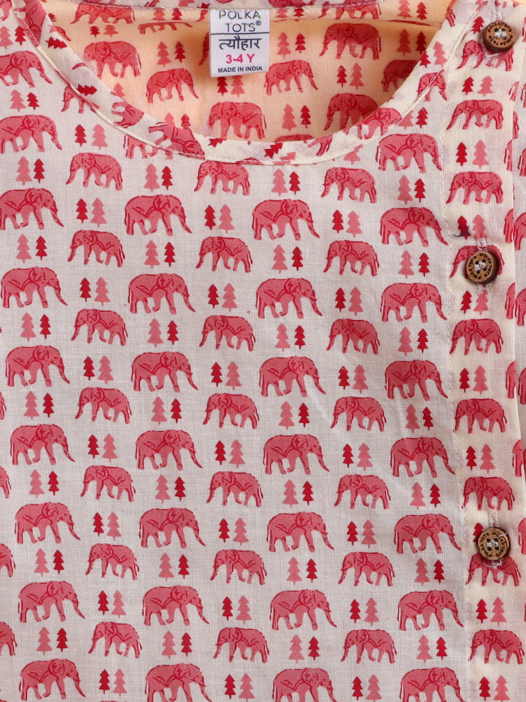 Polka Tots Cotton Full Sleeve Elephant Tree Print Angrakha Top With Dhoti - Pink