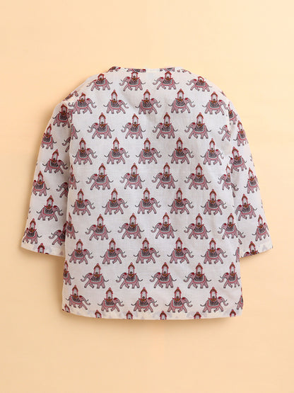 Polka Tots Cotton Full Sleeve Elephant Print Angrakha Top With Dhoti - Pink