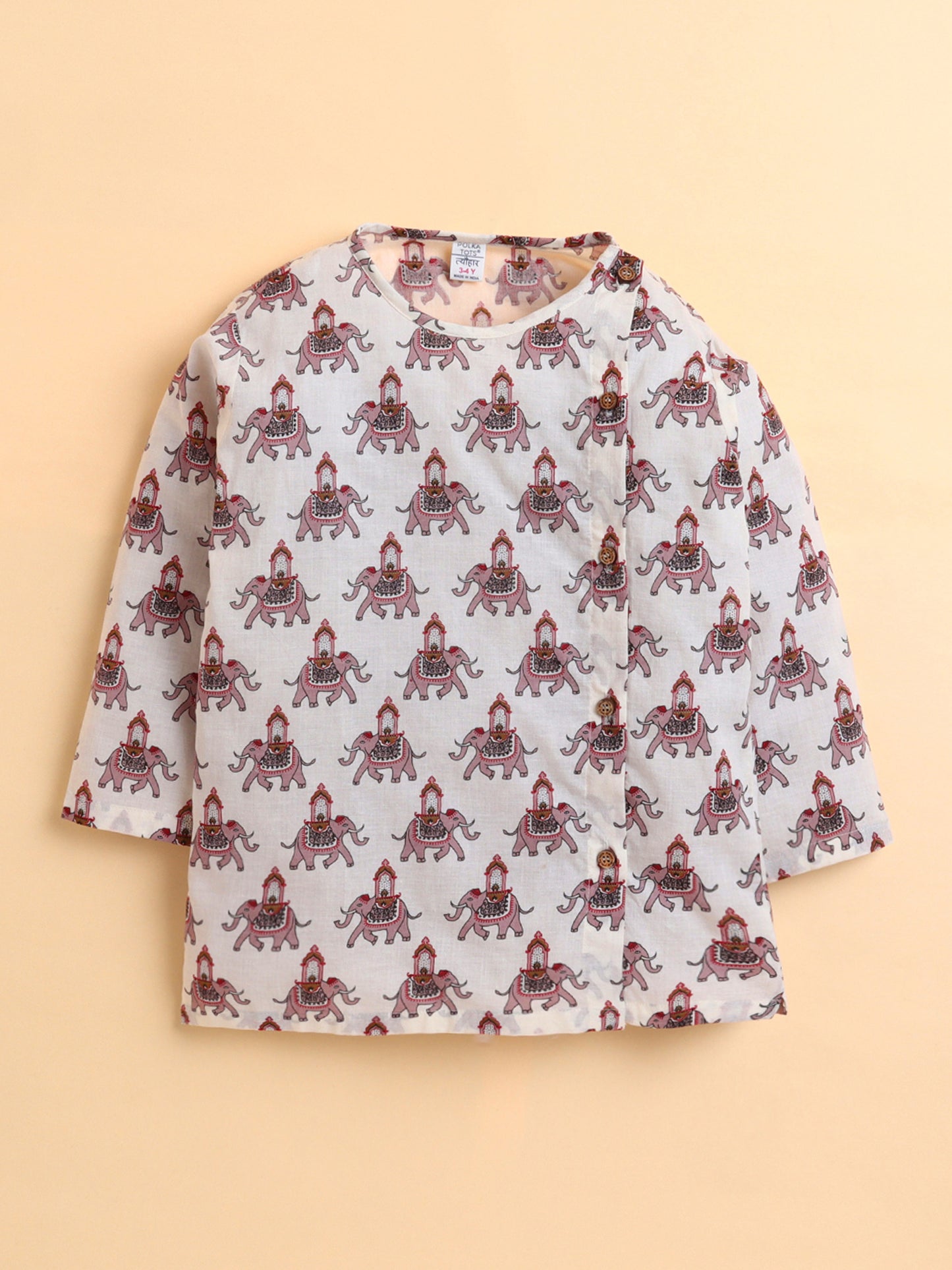 Polka Tots Cotton Full Sleeve Elephant Print Angrakha Top With Dhoti - Pink