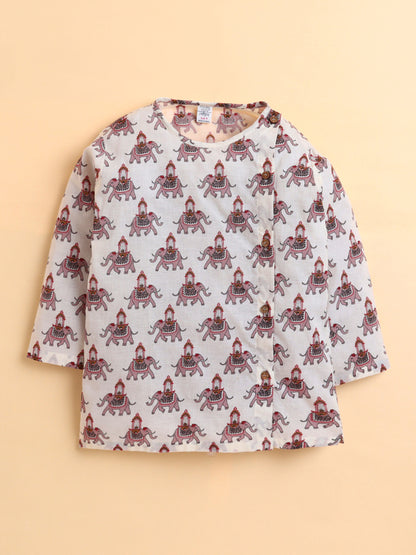 Polka Tots Cotton Full Sleeve Elephant Print Angrakha Top With Dhoti - Pink