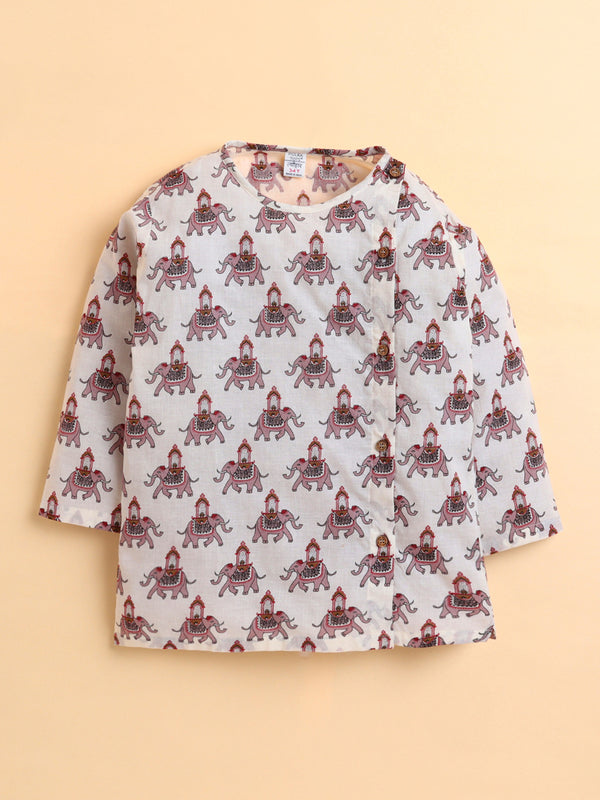 Polka Tots Cotton Full Sleeve Elephant Print Angrakha Top With Dhoti - Pink