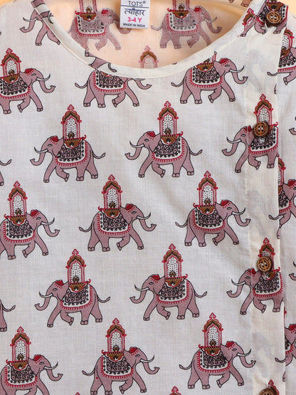 Polka Tots Cotton Full Sleeve Elephant Print Angrakha Top With Dhoti - Pink