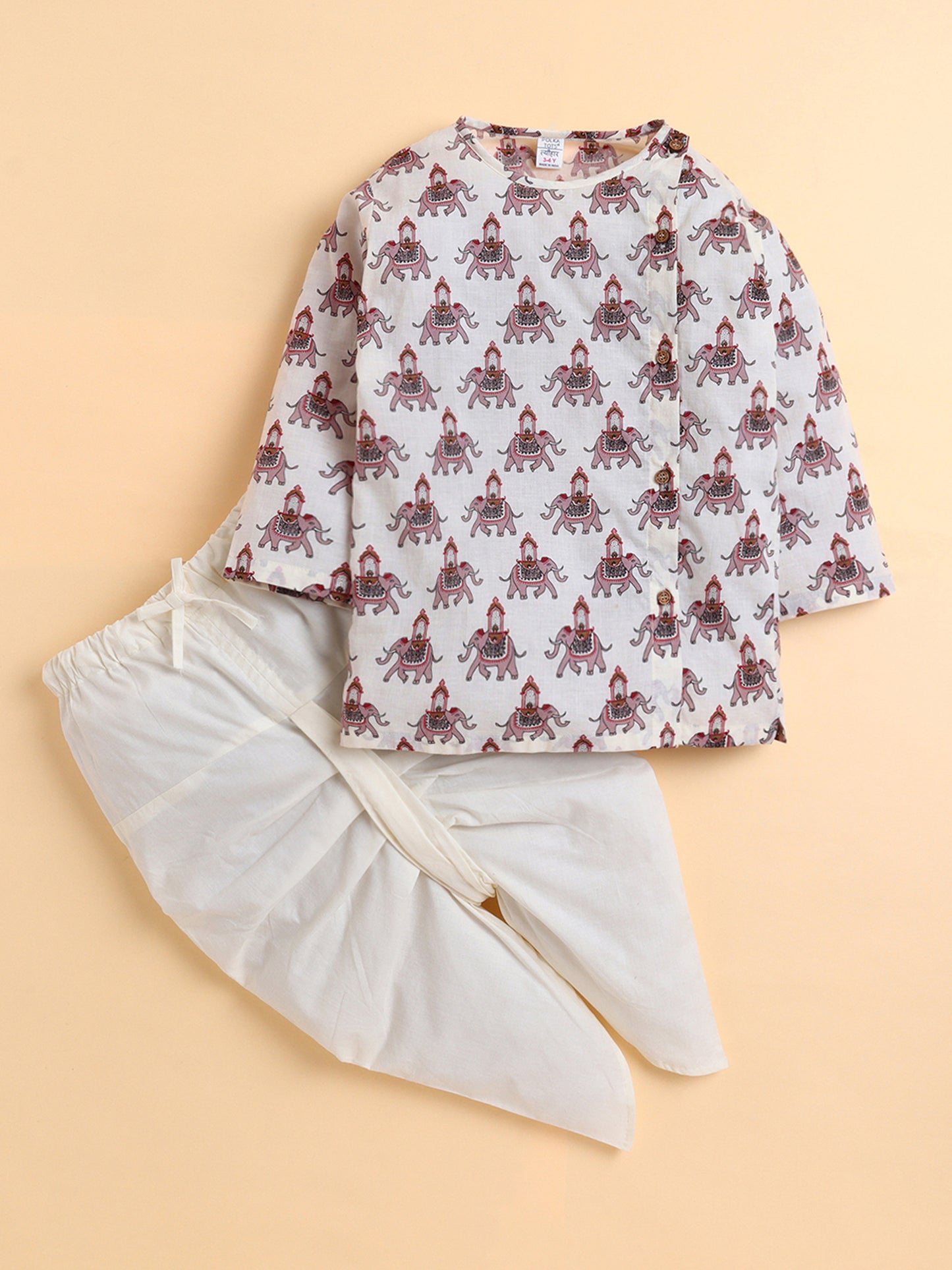 Polka Tots Cotton Full Sleeve Elephant Print Angrakha Top With Dhoti - Pink