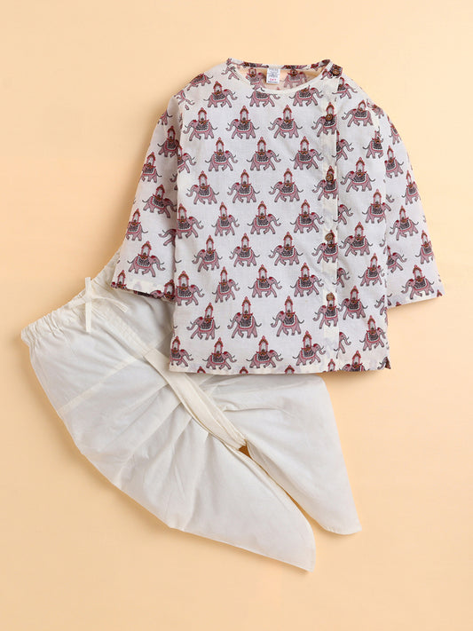 Polka Tots Cotton Full Sleeve Elephant Print Angrakha Top With Dhoti - Pink