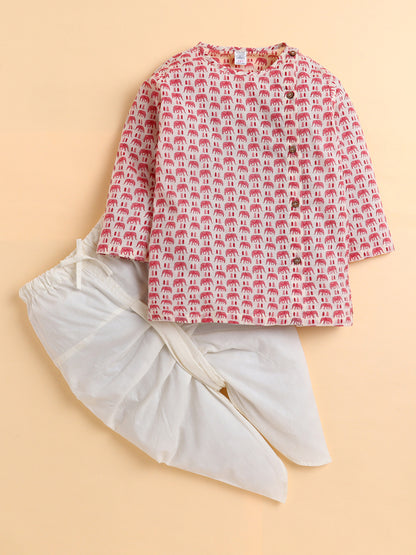 Polka Tots Cotton Full Sleeve Elephant Tree Print Angrakha Top With Dhoti - Pink
