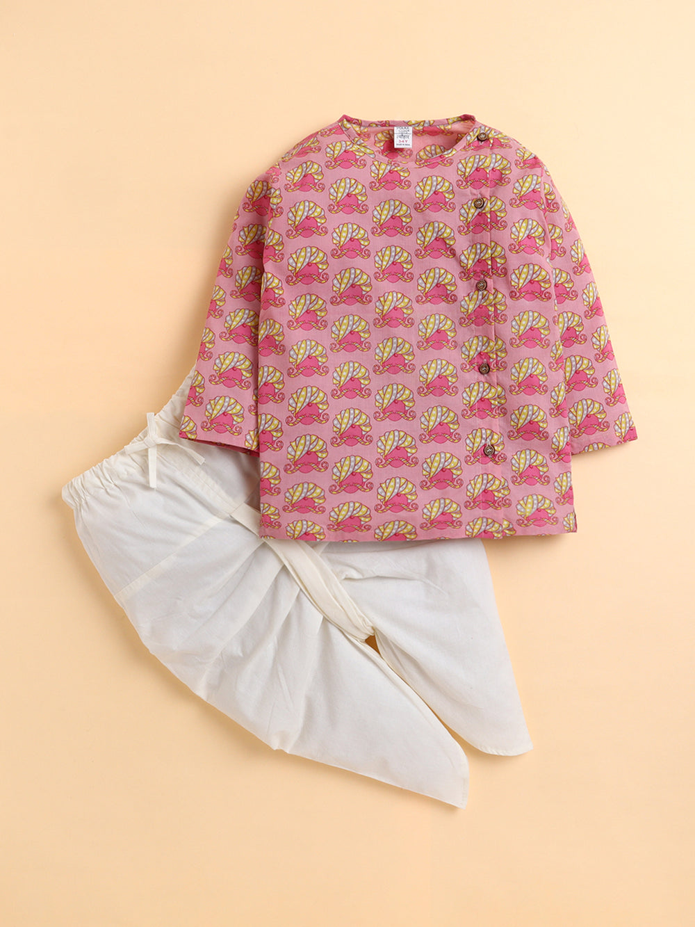 Polka Tots Full Sleeve Turban Print Angrakha Top With Dhoti - Pink