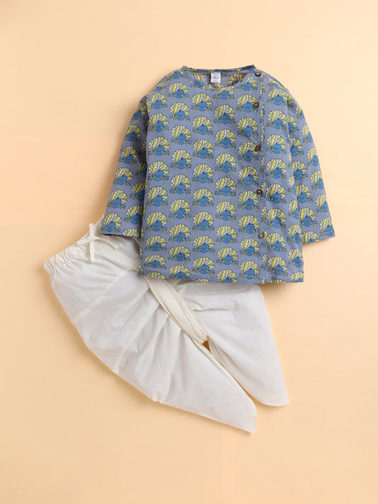 Polka Tots Cotton Full Sleeve Turban Print Angrakha Top With Dhoti - Blue