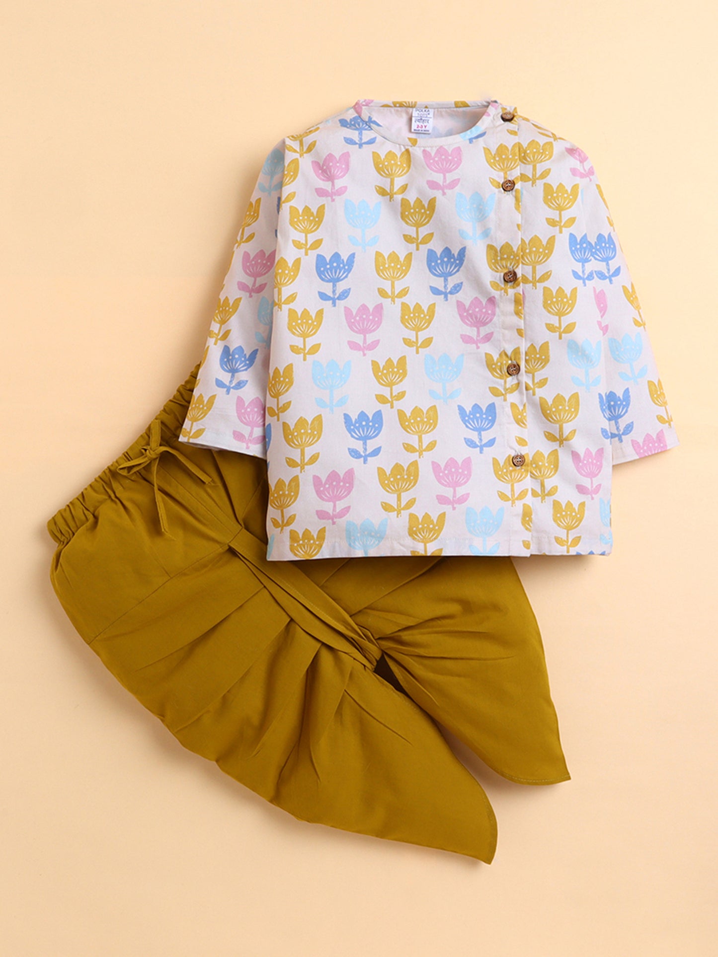 Polka Tots Cotton Full Sleeve Lotus Print Angrakha Top With Dhoti - Yellow