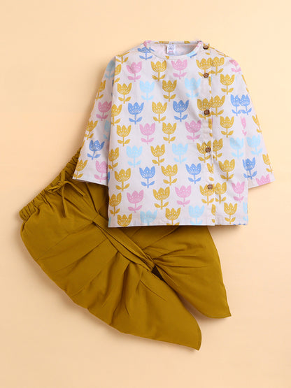 Polka Tots Cotton Full Sleeve Lotus Print Angrakha Top With Dhoti - Yellow