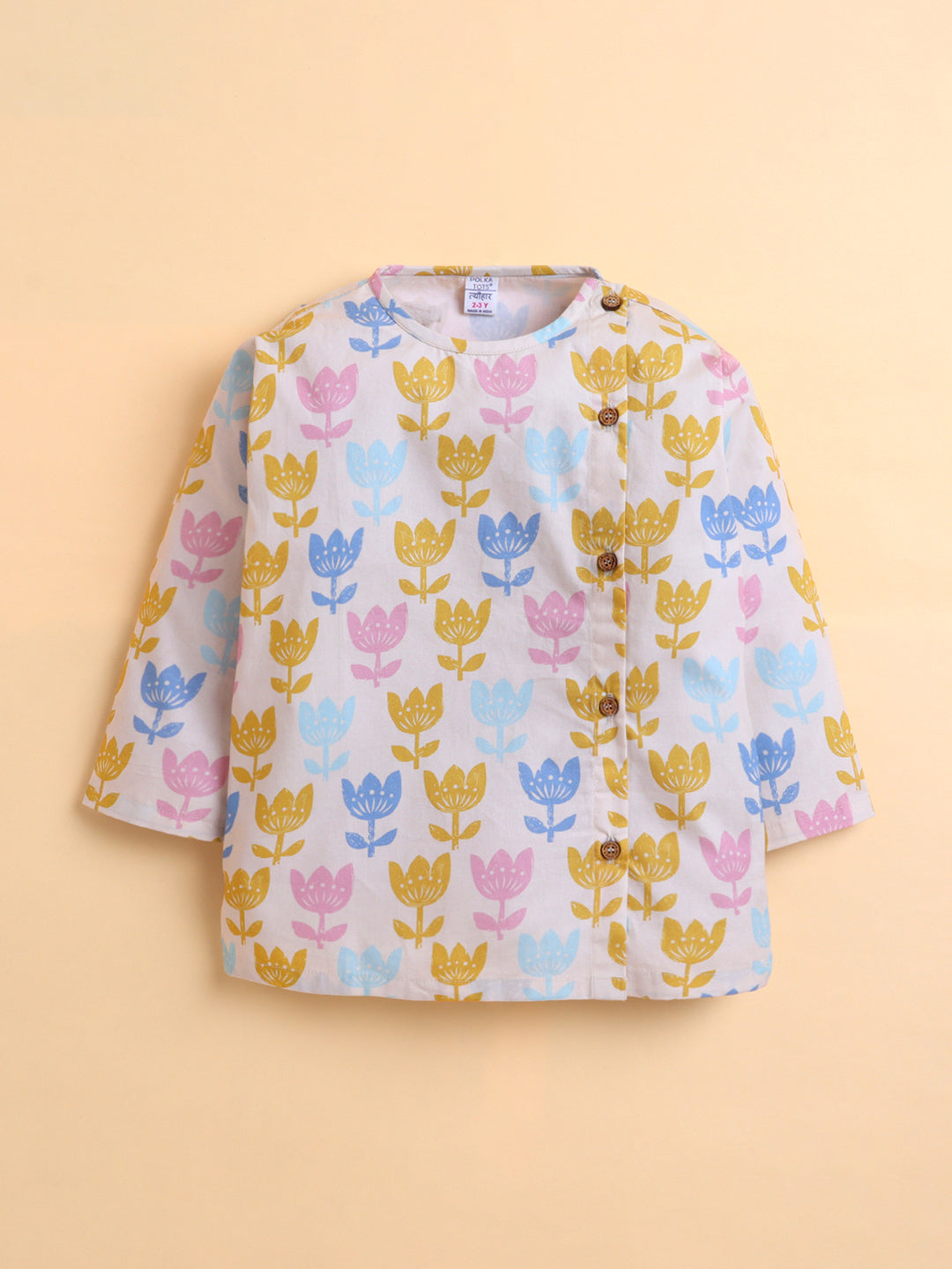 Polka Tots Cotton Full Sleeve Lotus Print Angrakha Top With Dhoti - Yellow