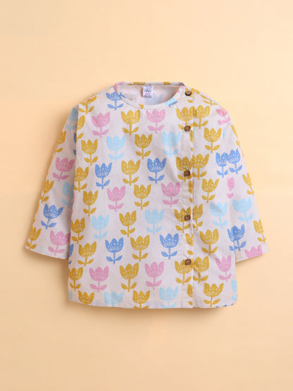 Polka Tots Cotton Full Sleeve Lotus Print Angrakha Top With Dhoti - Yellow