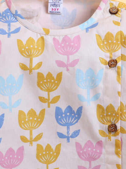 Polka Tots Cotton Full Sleeve Lotus Print Angrakha Top With Dhoti - Yellow