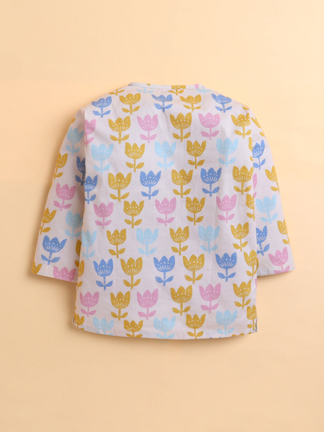 Polka Tots Cotton Full Sleeve Lotus Print Angrakha Top With Dhoti - Yellow