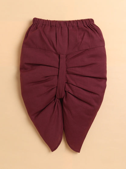 Polka Tots Cotton Full Sleeve Elephant Tree Print Angrakha Top With Dhoti - Maroon