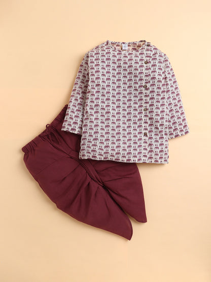 Polka Tots Cotton Full Sleeve Elephant Tree Print Angrakha Top With Dhoti - Maroon