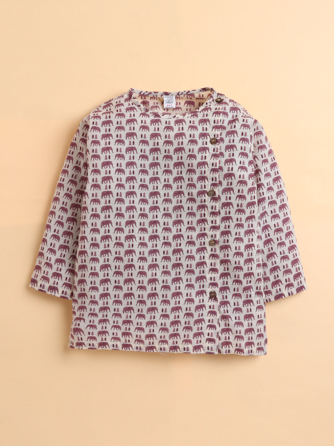 Polka Tots Cotton Full Sleeve Elephant Tree Print Angrakha Top With Dhoti - Maroon