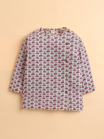 Polka Tots Cotton Full Sleeve Elephant Tree Print Angrakha Top With Dhoti - Maroon