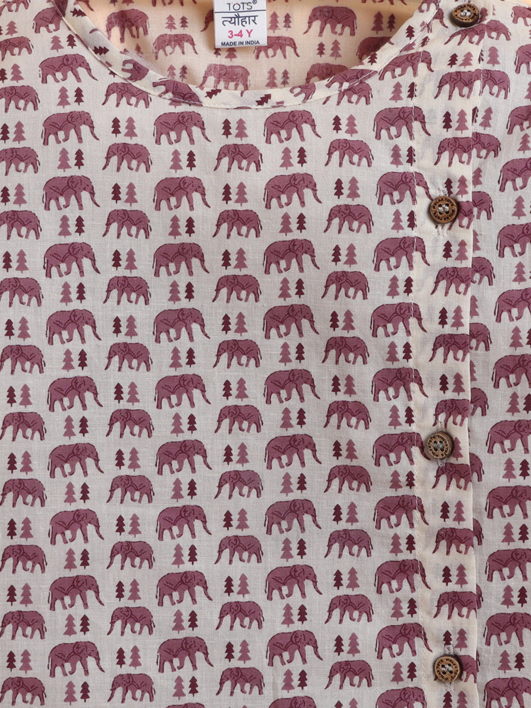 Polka Tots Cotton Full Sleeve Elephant Tree Print Angrakha Top With Dhoti - Maroon