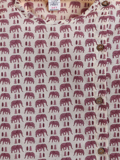 Polka Tots Cotton Full Sleeve Elephant Tree Print Angrakha Top With Dhoti - Maroon