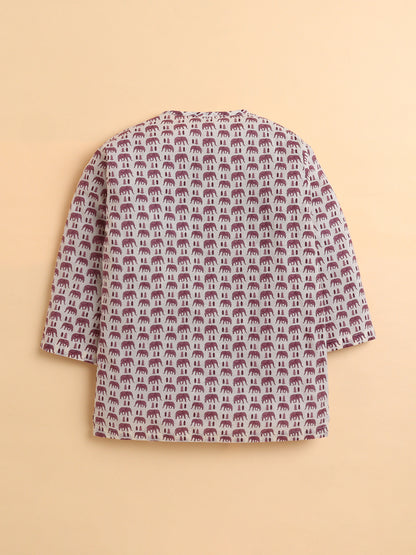 Polka Tots Cotton Full Sleeve Elephant Tree Print Angrakha Top With Dhoti - Maroon