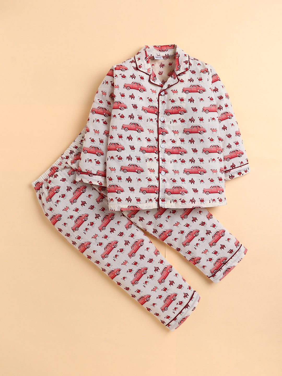 Polka Tots Full sleeve Elephant and Car Print Night suit - Pink