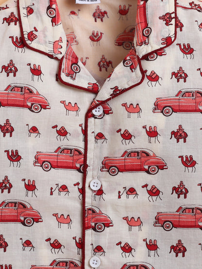 Polka Tots Full sleeve Elephant and Car Print Night suit - Pink