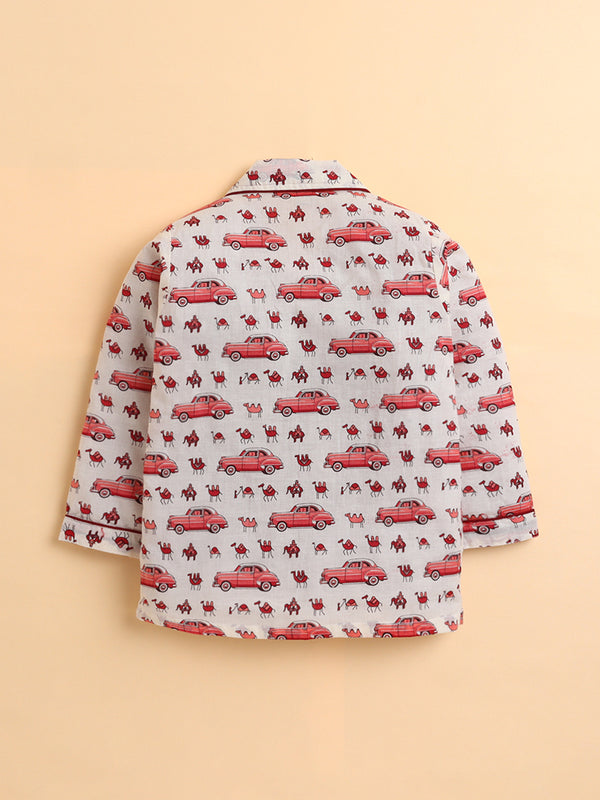Polka Tots Full sleeve Elephant and Car Print Night suit - Pink