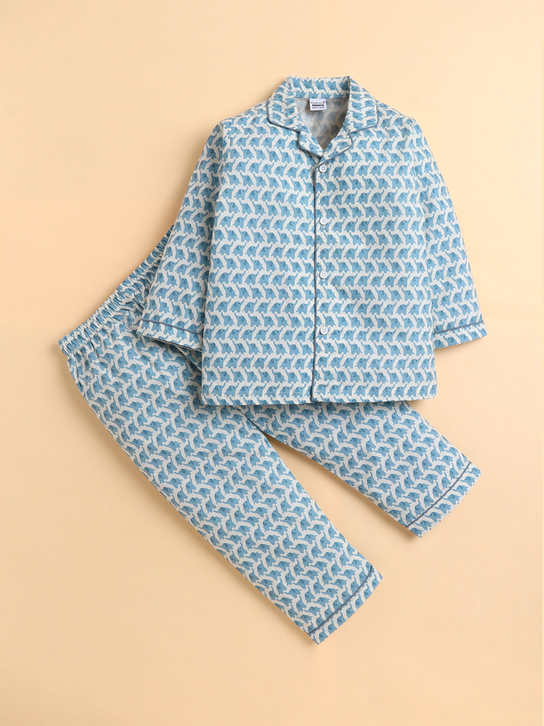 Polka Tots Full sleeve Elephant Print Night suit - Blue