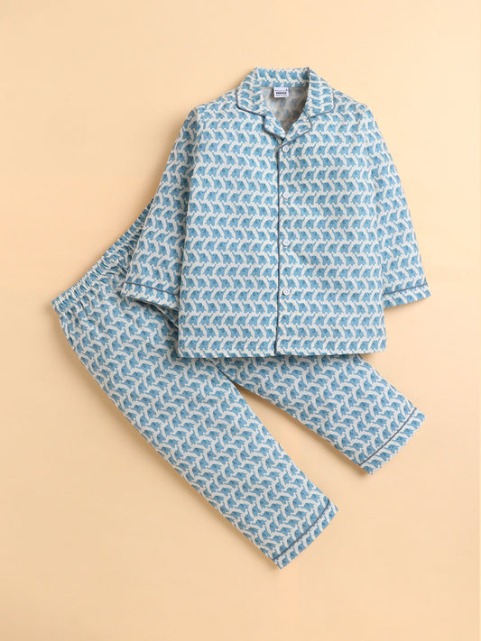 Polka Tots Full sleeve Elephant Print Night suit - Blue