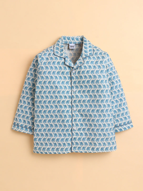 Polka Tots Full sleeve Elephant Print Night suit - Blue