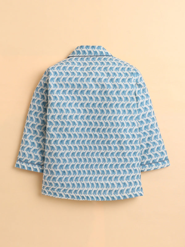 Polka Tots Full sleeve Elephant Print Night suit - Blue