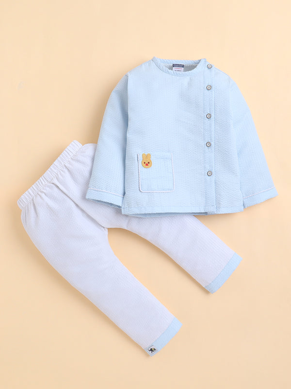 Polka Tots Full-Sleeves Bunny Patch Pocket  Jhabla and Pant Set- Blue