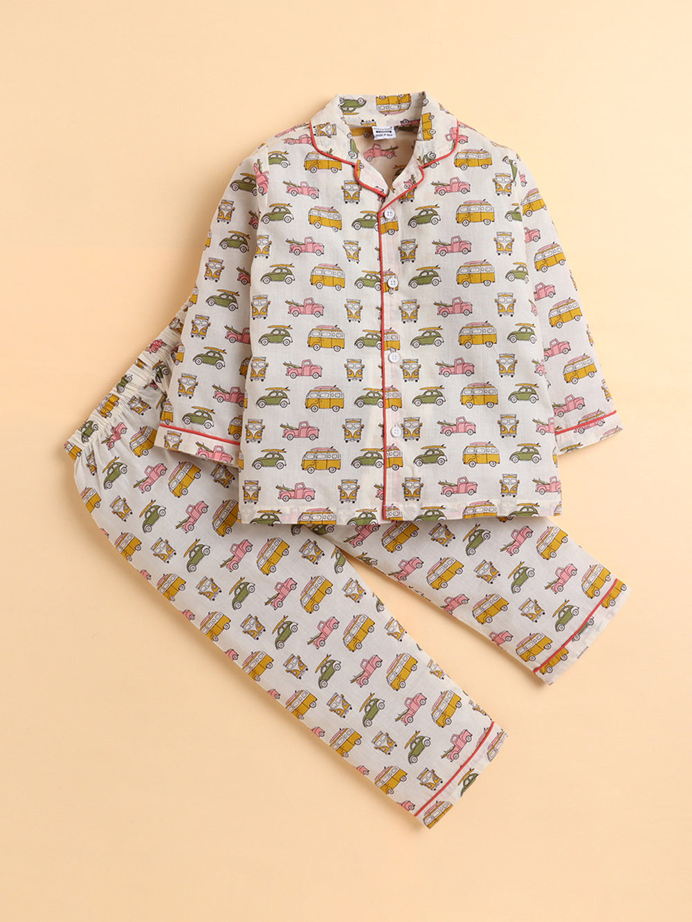 Polka Tots Full sleeve Vehicle Print Night suit - Multicolor