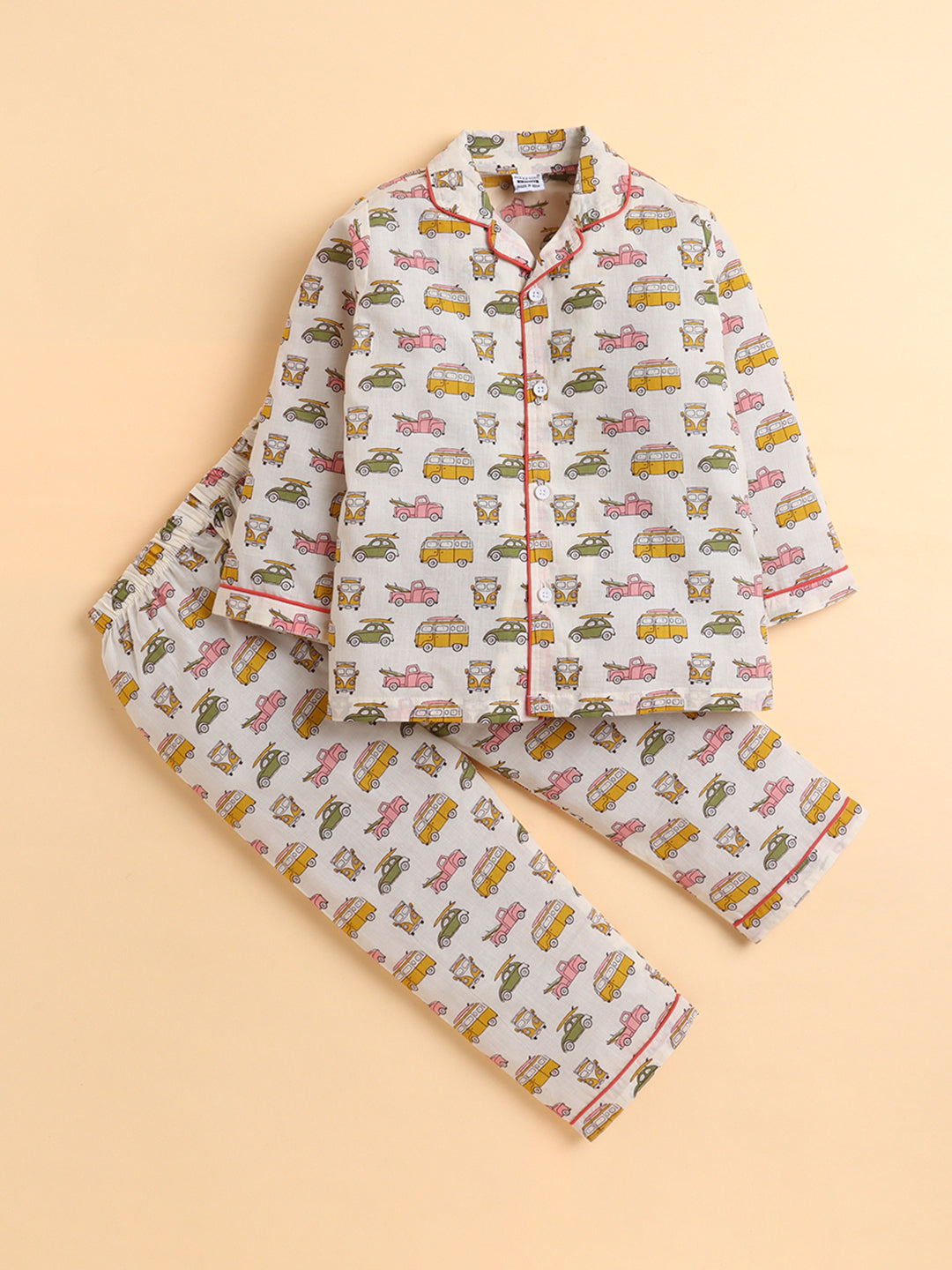 Polka Tots Full sleeve Vehicle Print Night suit - Multicolor