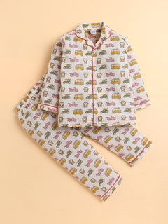 Polka Tots Full sleeve Vehicle Print Night suit - Multicolor