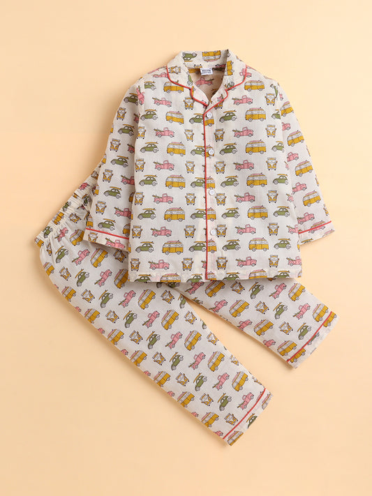 Polka Tots Full sleeve Vehicle Print Night suit - Multicolor