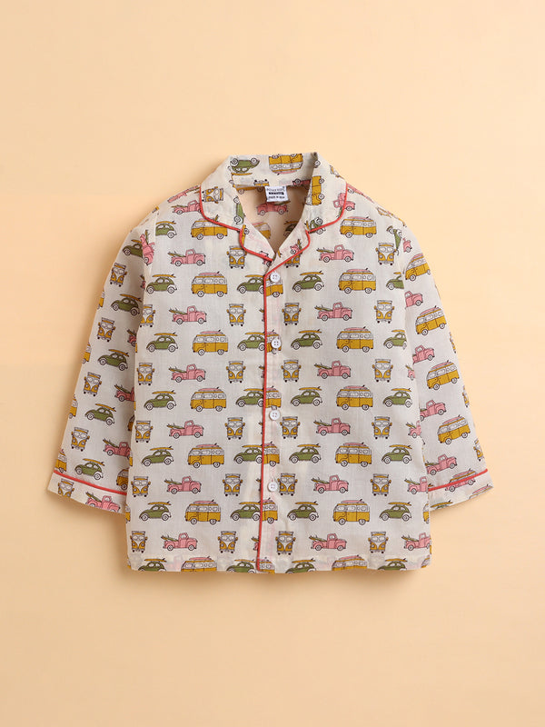 Polka Tots Full sleeve Vehicle Print Night suit - Multicolor