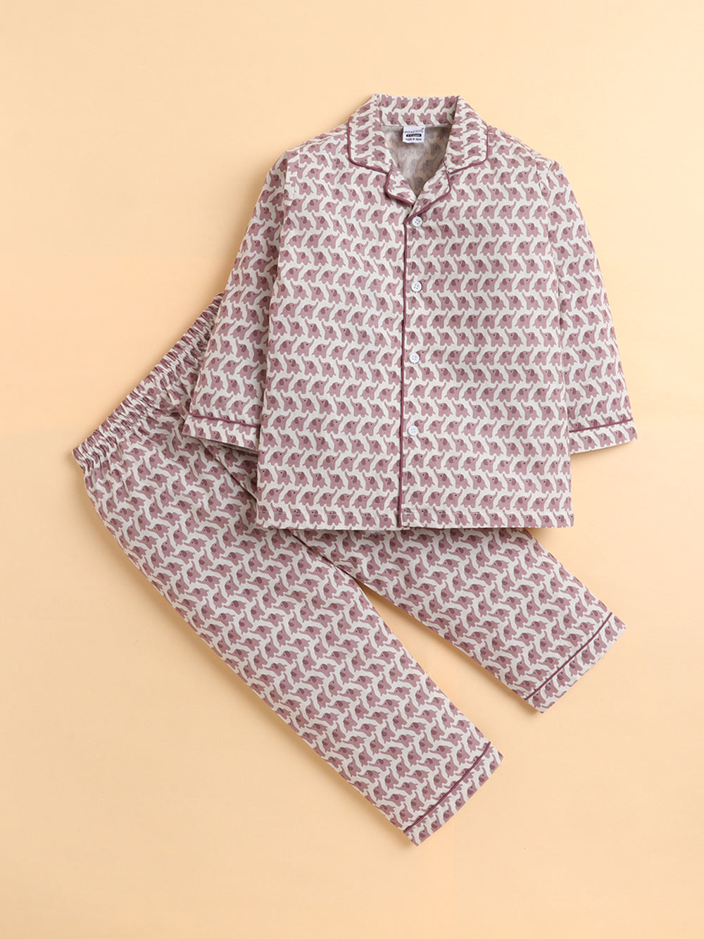Polka Tots Full sleeve Elephant Print Night suit - Pink