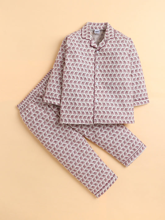 Polka Tots Full sleeve Elephant Print Night suit - Pink