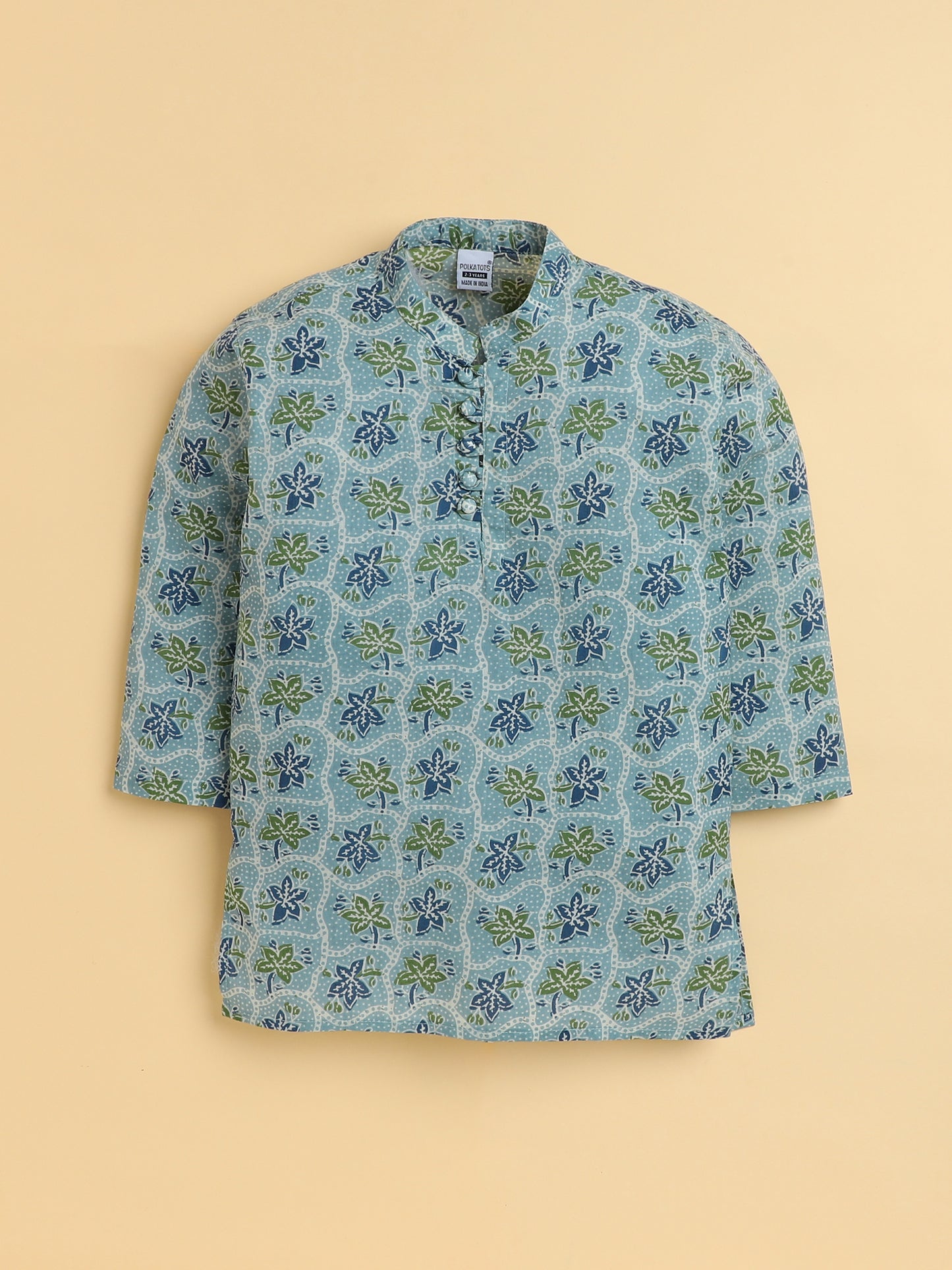 Polka Tots Cotton Full Sleeve Floral Printed Ethnic Kurta Pyjama Set - Green