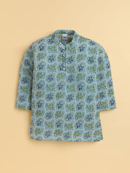 Polka Tots Cotton Full Sleeve Floral Printed Ethnic Kurta Pyjama Set - Green