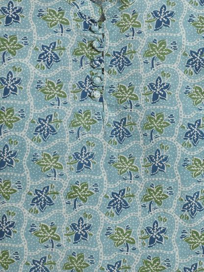 Polka Tots Cotton Full Sleeve Floral Printed Ethnic Kurta Pyjama Set - Green