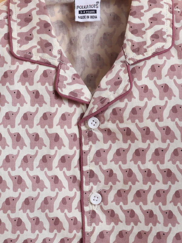 Polka Tots Full sleeve Elephant Print Night suit - Pink